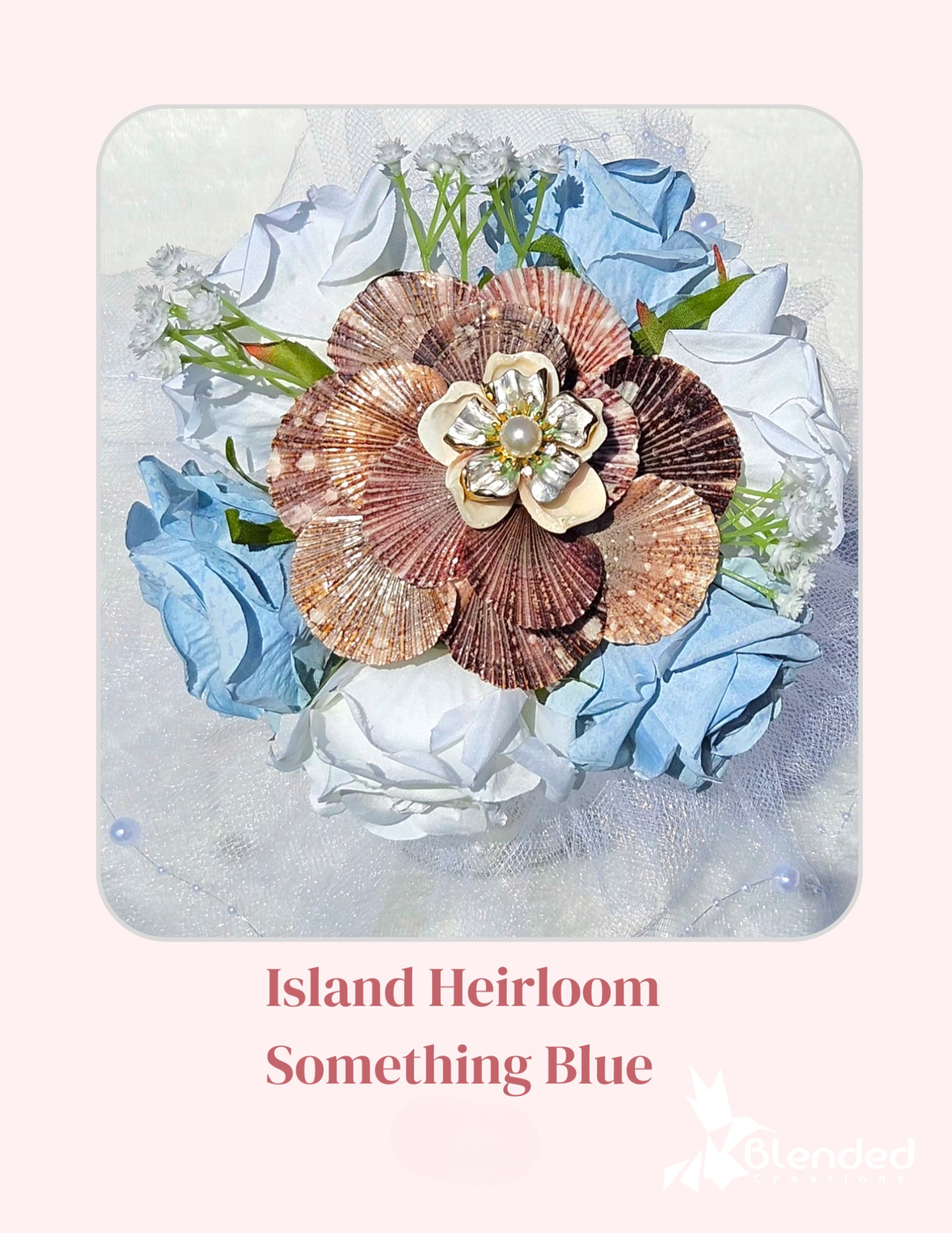 Blue and white wedding bouquet with shell flower centerpiece.