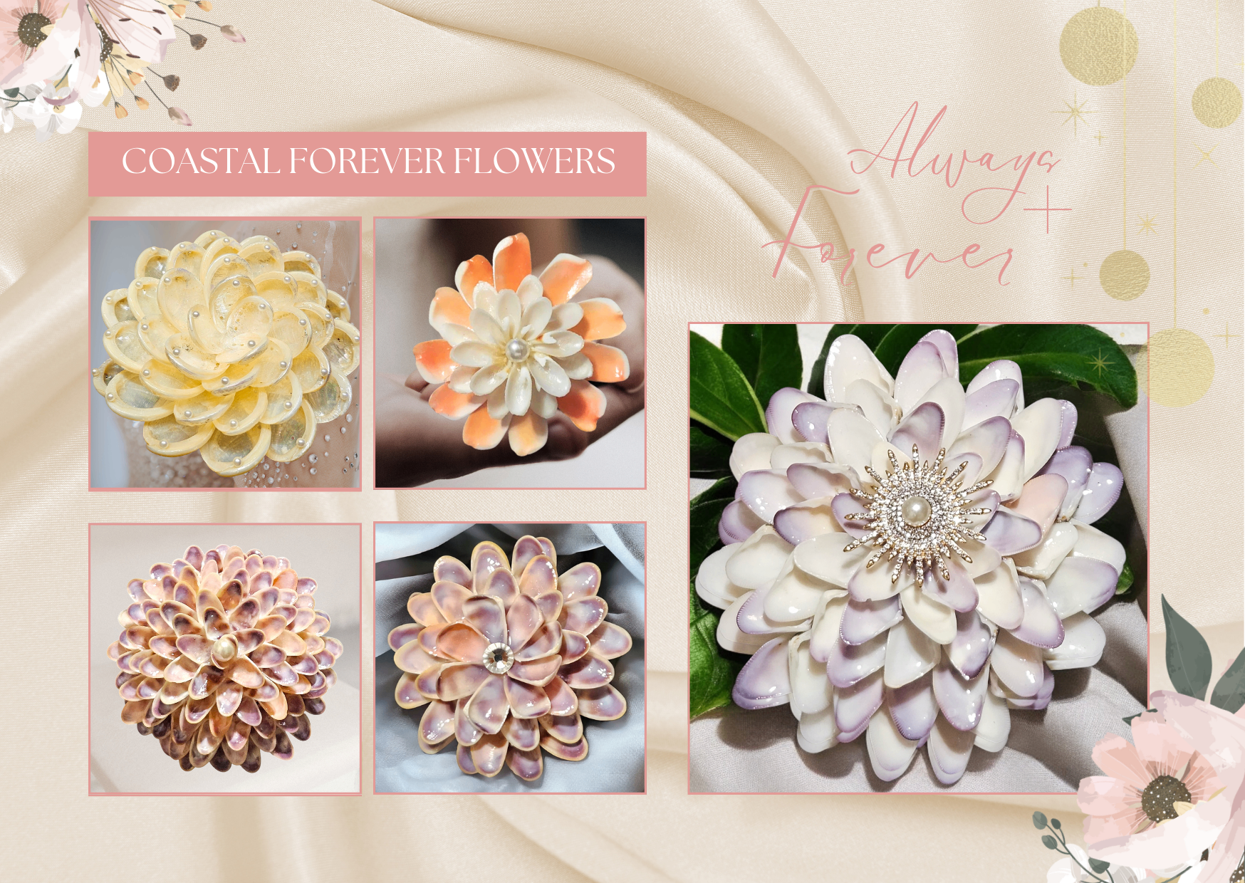 Collage of handcrafted shell flowers in cream, peach, and lilac tones.