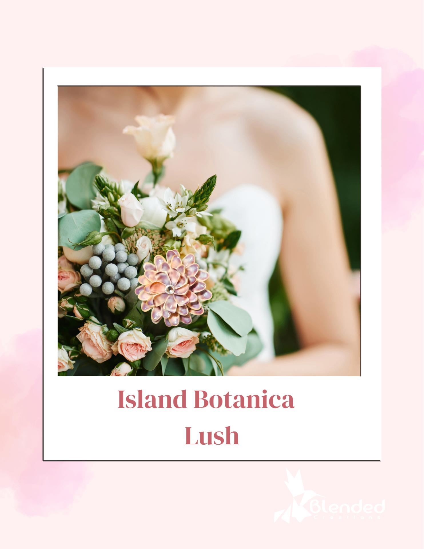 Bridal bouquet featuring greenery and a pink shell flower accent.