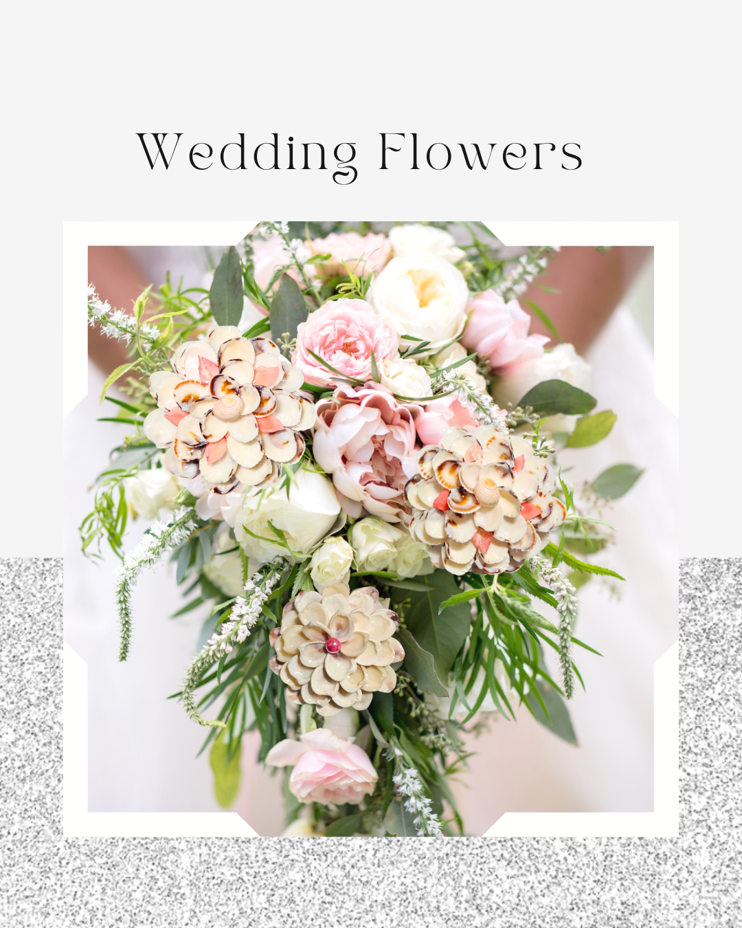 Cascading bridal bouquet with blush roses, greenery, and shell flowers.